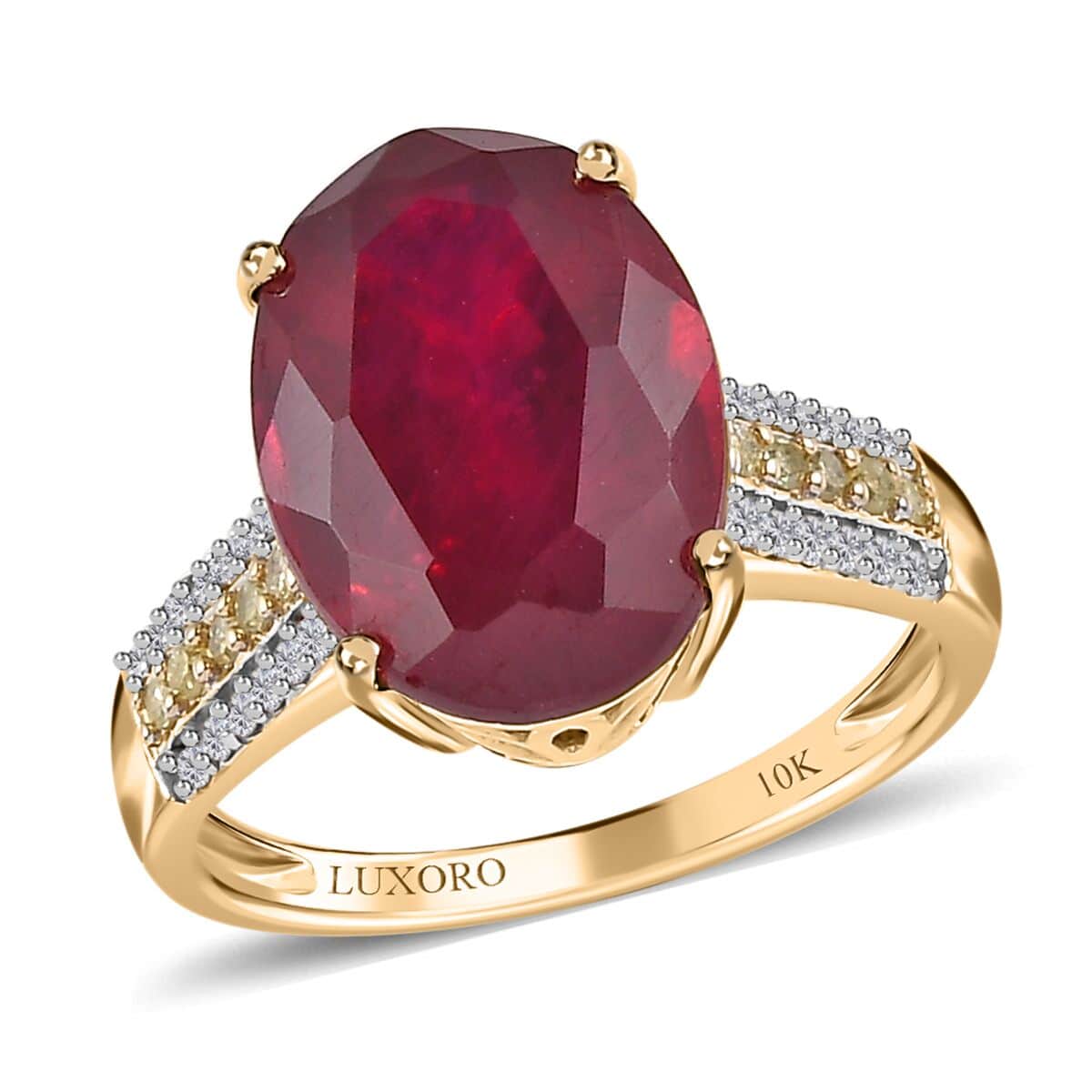 Luxoro 10K Yellow Gold Premium Niassa Ruby (FF), I3 Natural Yellow and White Diamond Ring (Size 10.0) 9.00 ctw image number 0