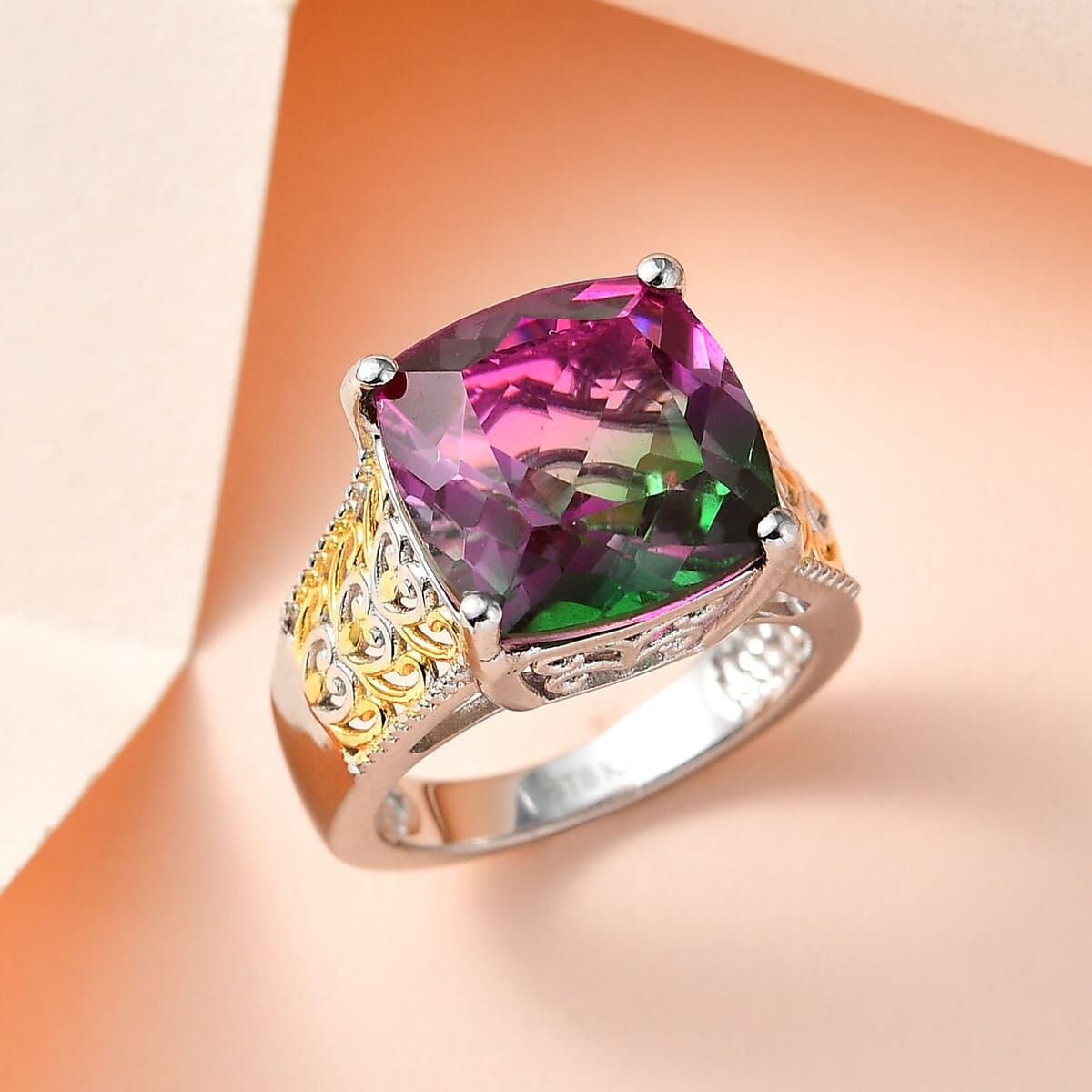 Karis Watermelon Quartz (Triplet) Solitaire Ring in 18K YG Plated and Platinum Bond 7.20 ctw image number 1