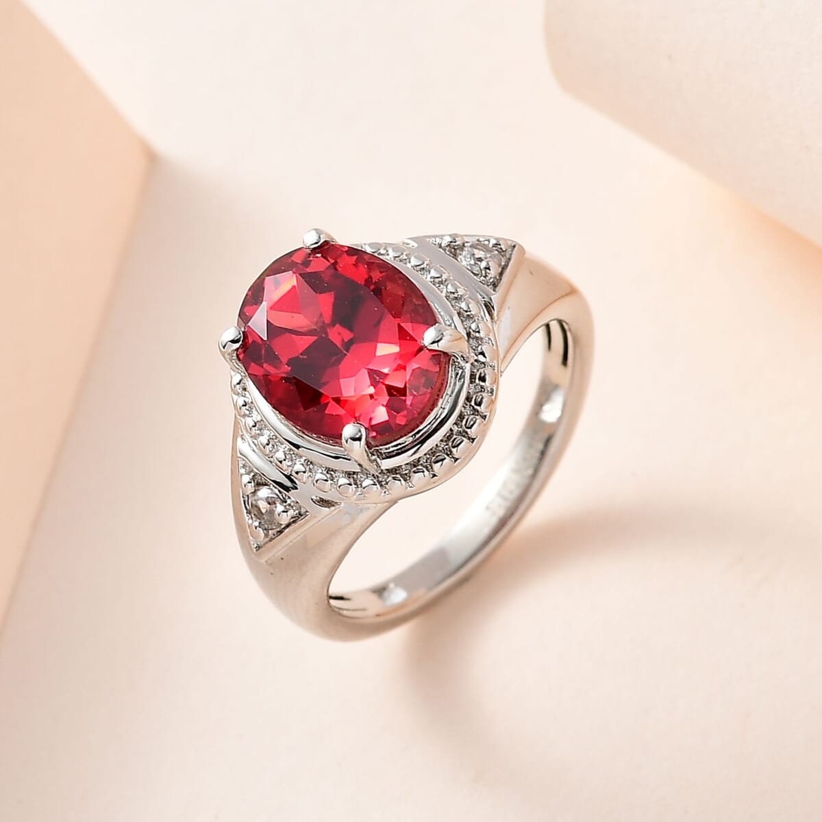 Karis Lab Created Padparadscha Sapphire and White Zircon Ring in Platinum Bond 3.10 ctw image number 1