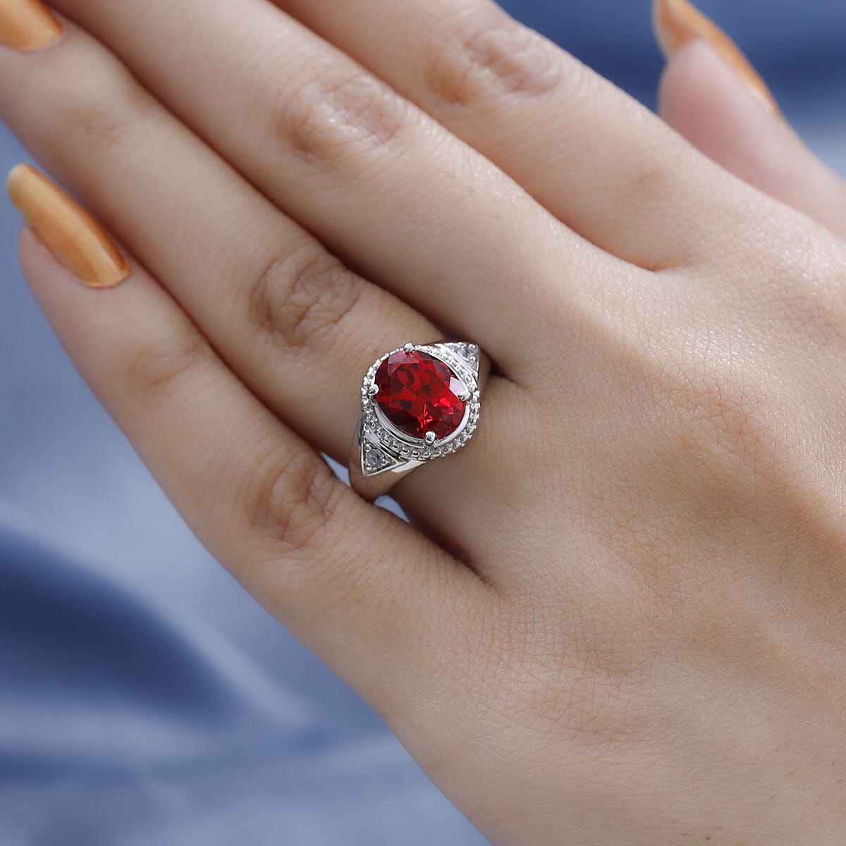 Karis Lab Created Padparadscha Sapphire and White Zircon Ring in Platinum Bond 3.10 ctw image number 2