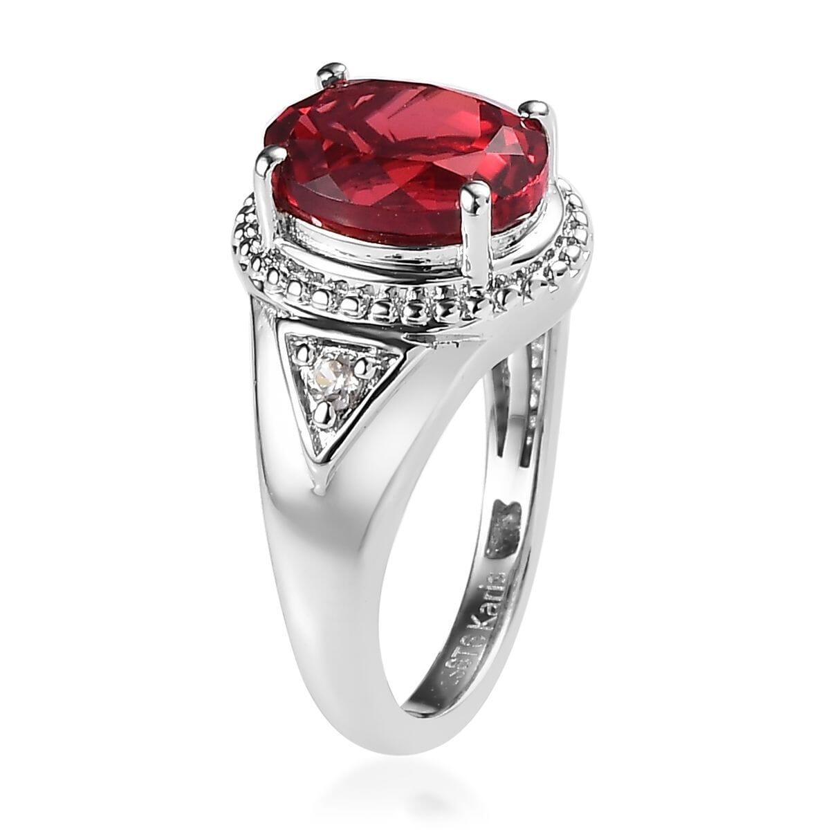 Karis Lab Created Padparadscha Sapphire and White Zircon Ring in Platinum Bond 3.10 ctw image number 3