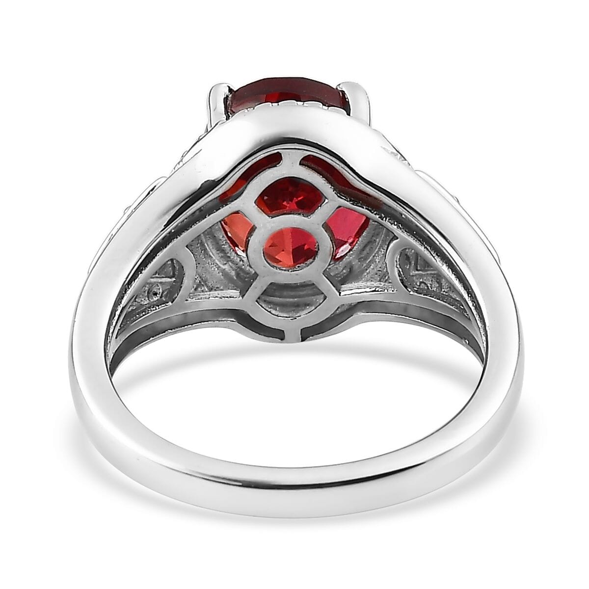 Karis Lab Created Padparadscha Sapphire and White Zircon Ring in Platinum Bond 3.10 ctw image number 4