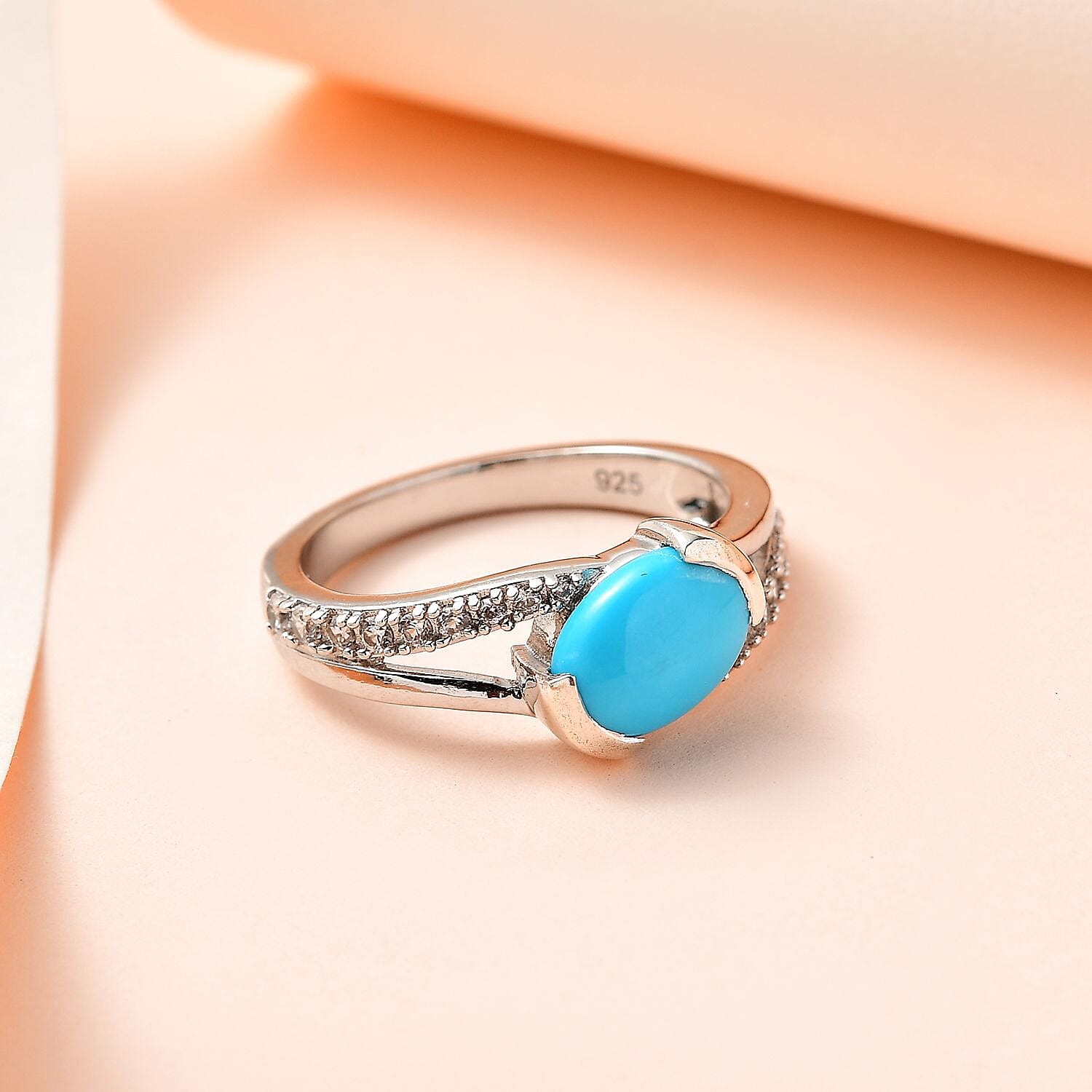 Sleeping Beauty Turquoise and White Zircon 1.30 ctw Ring in Platinum Over Sterling Silver (Size 11.5)