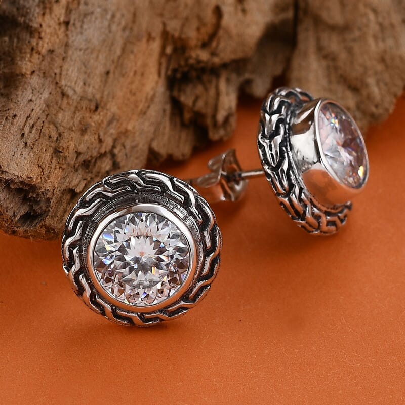 Bali Legacy 120 Facet Moissanite Stud Earrings in Sterling Silver 3.60 ctw