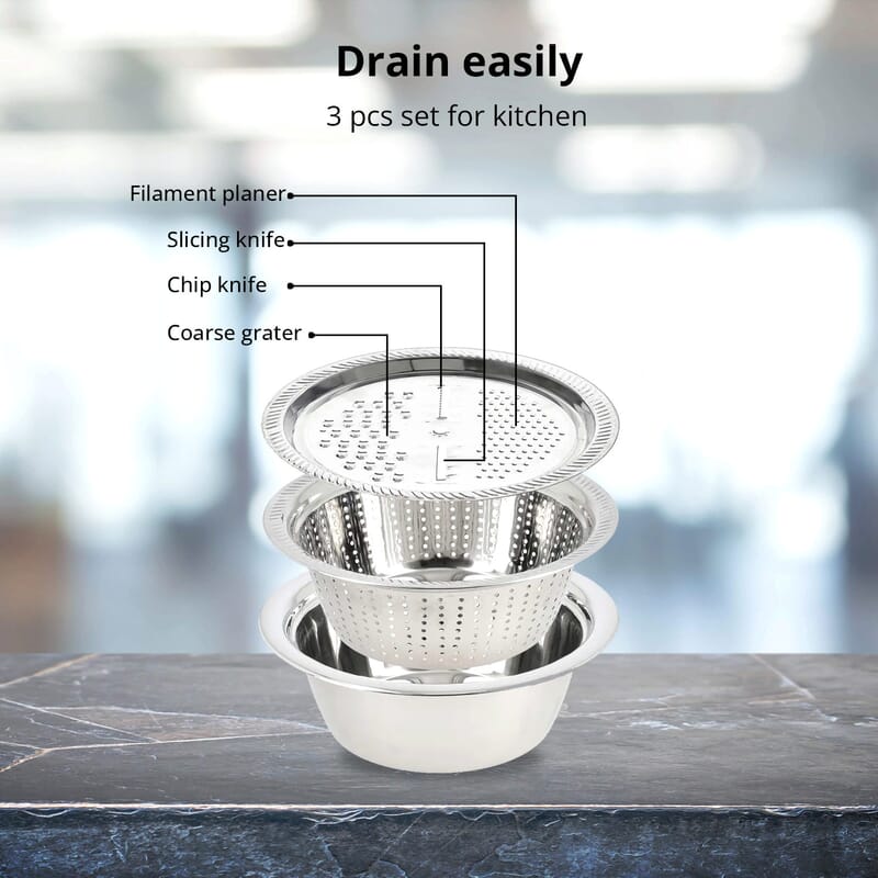 Set of 3 Stainless Steel Multifunctional Grating Basin Set