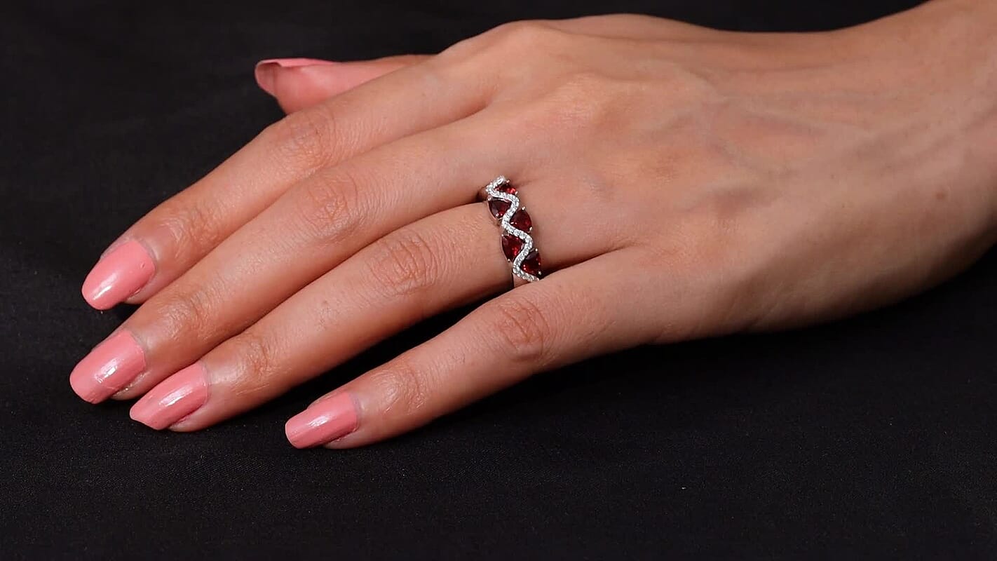 Premium Mozambique Garnet, Simulated Diamond Ring in Rhodium Over Sterling Silver (Size 7.0) 2.10 ctw