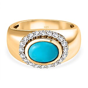 Sleeping Beauty Turquoise and White Zircon 1.65 ctw Solitaire Ring in 14K Yellow Gold Over Sterling Silver (Size 8.0) (5.97 g)