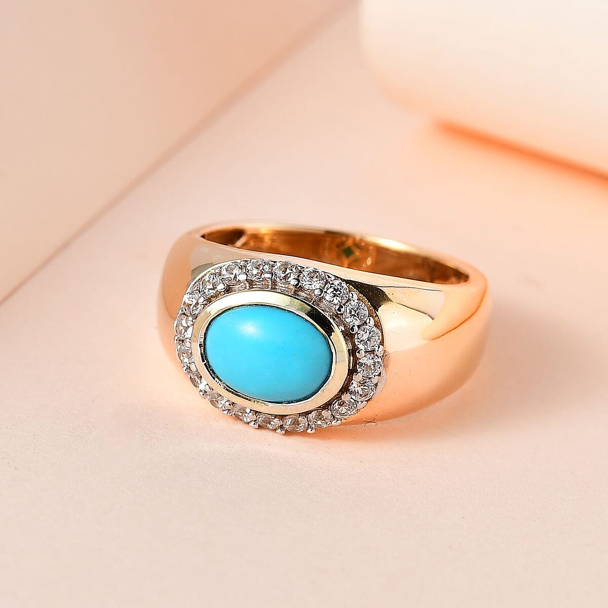 Sleeping Beauty Turquoise and White Zircon 1.65 ctw Solitaire Ring in 14K Yellow Gold Over Sterling Silver (Size 8.0) (5.97 g) image number 1