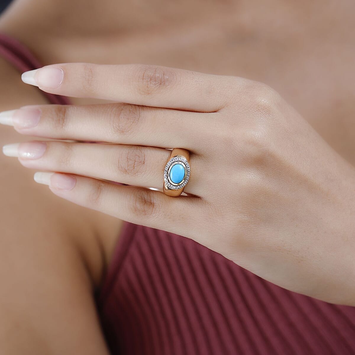Sleeping Beauty Turquoise and White Zircon 1.65 ctw Solitaire Ring in 14K Yellow Gold Over Sterling Silver (Size 8.0) (5.97 g) image number 2