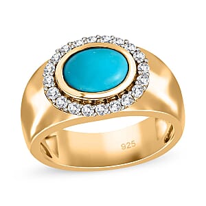 Sleeping Beauty Turquoise and White Zircon 1.65 ctw Solitaire Ring in 14K Yellow Gold Over Sterling Silver (Size 8.0) (5.97 g)