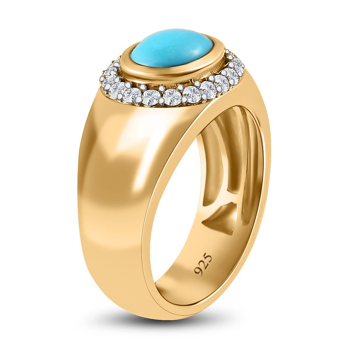 Sleeping Beauty Turquoise and White Zircon 1.65 ctw Solitaire Ring in 14K Yellow Gold Over Sterling Silver (Size 8.0) (5.97 g) image number 4