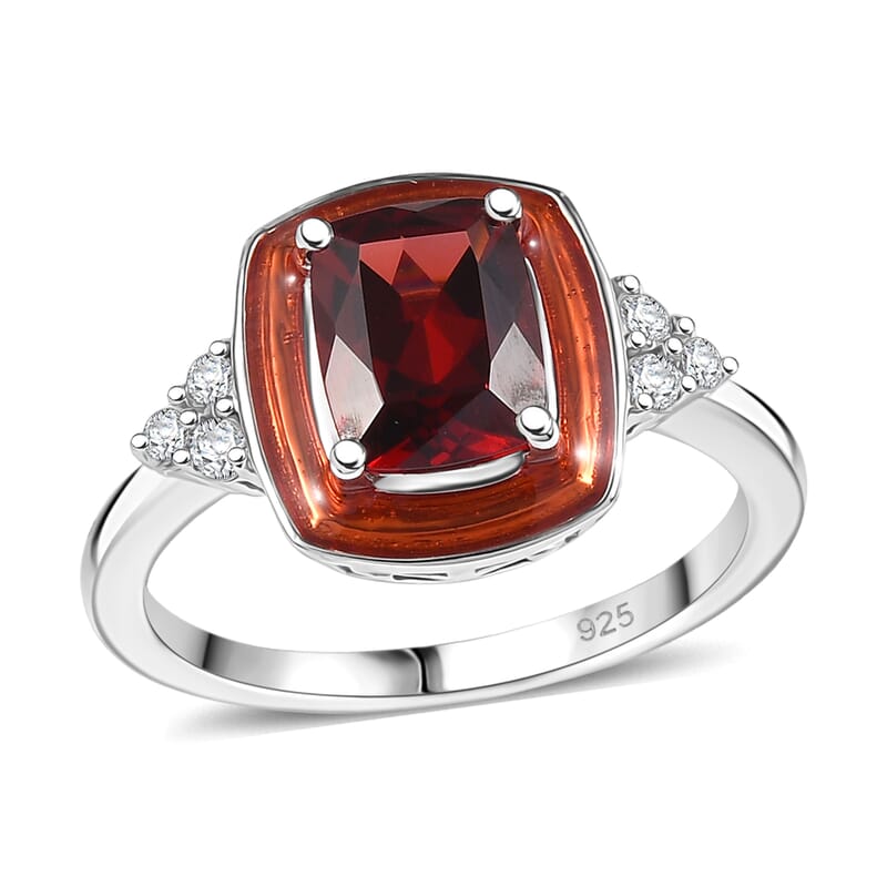 Premium Mozambique Garnet, Simulated Diamond Ring in Rhodium Over Sterling Silver (Size 7) 1.90 ctw