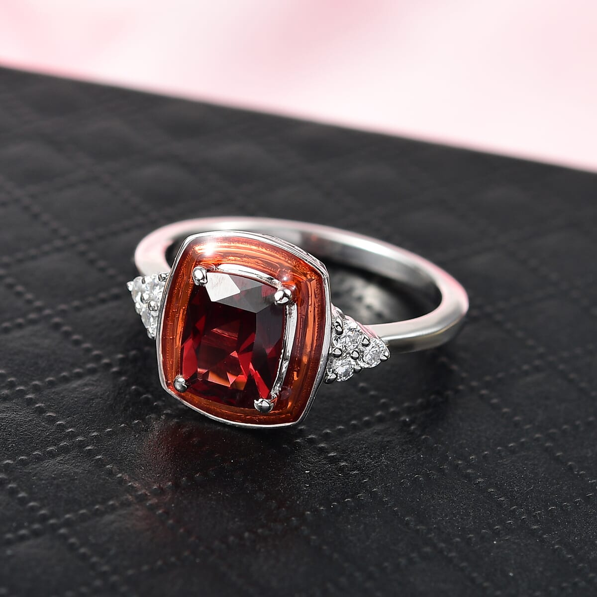 Premium Mozambique Garnet, Simulated Diamond Ring in Rhodium Over Sterling Silver (Size 7) 1.90 ctw image number 1