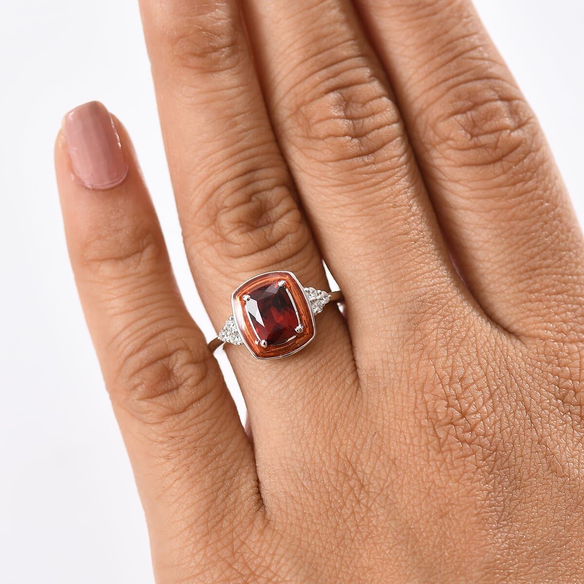 Premium Mozambique Garnet, Simulated Diamond Ring in Rhodium Over Sterling Silver (Size 7) 1.90 ctw image number 2