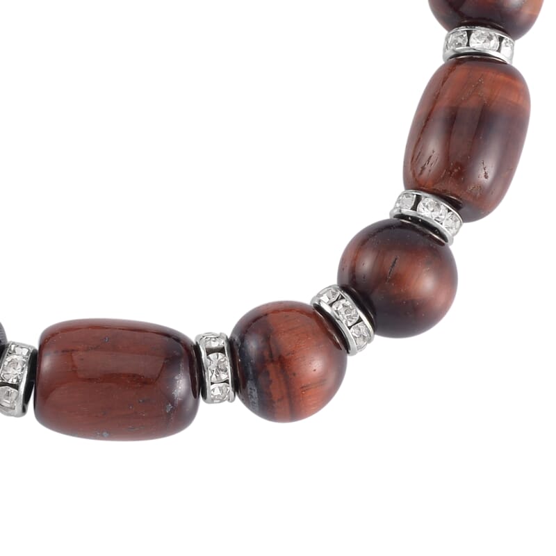 Red Tiger Eye and Austrian Crystal Stretch Bracelet in Silvertone 125.00 ctw