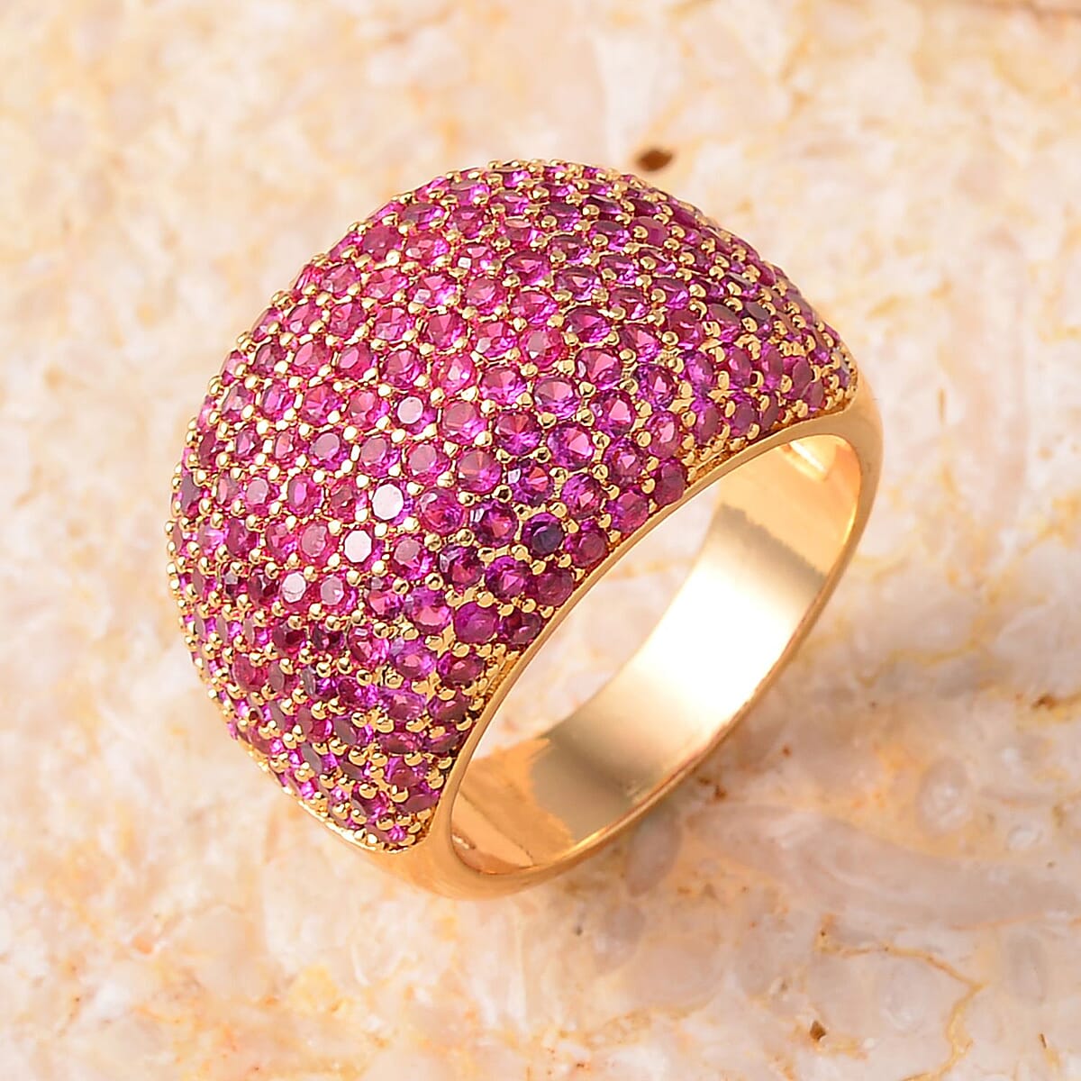 Simulated Fuchsia Color Diamond Dome Ring in Goldtone (Size 6.0) 3.50 ctw image number 1