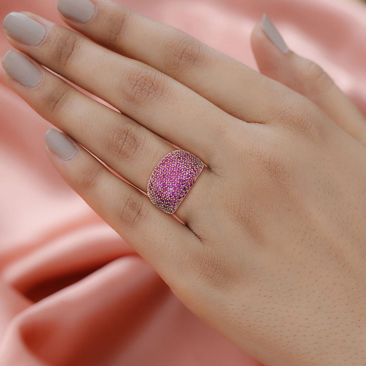 Simulated Fuchsia Color Diamond Dome Ring in Goldtone (Size 6.0) 3.50 ctw image number 2
