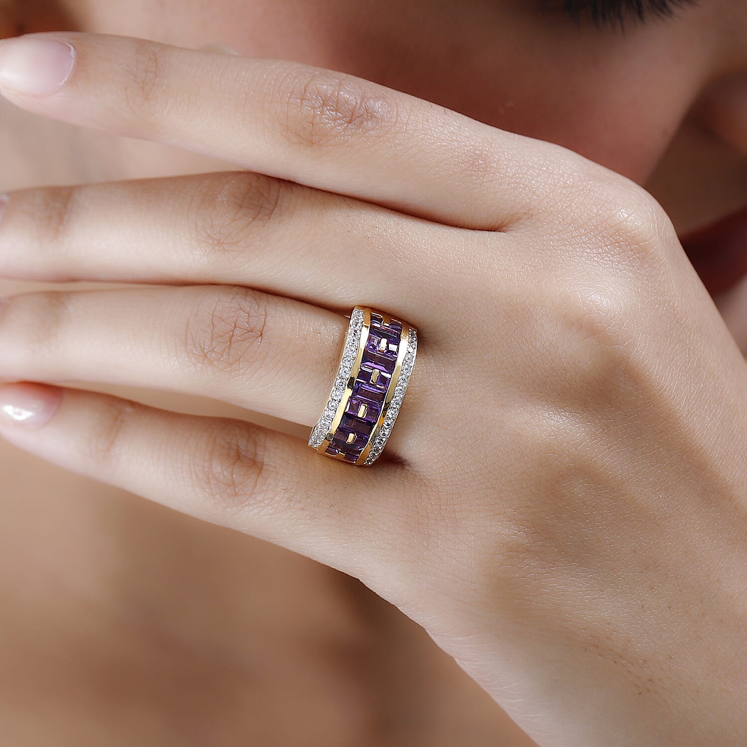 African Amethyst and White Zircon 2.60 ctw Ring in 14K YG Over Sterling Silver (Size 11.5)
