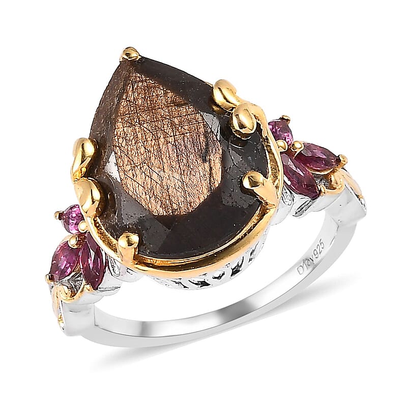 Chocolate Sapphire and Orissa Rhodolite Garnet Ring in Vermeil YG and Platinum Over Sterling Silver (Size 10.0) 11.00 ctw