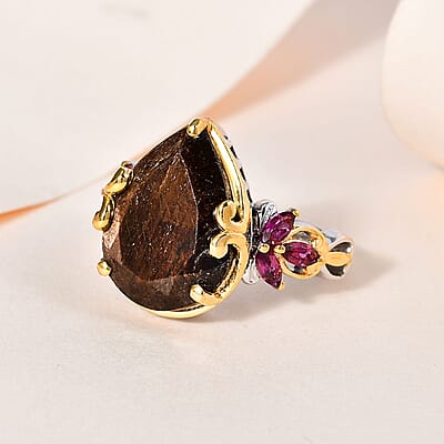 Chocolate Sapphire and Orissa Rhodolite Garnet Ring in Vermeil YG and Platinum Over Sterling Silver (Size 10.0) 11.00 ctw