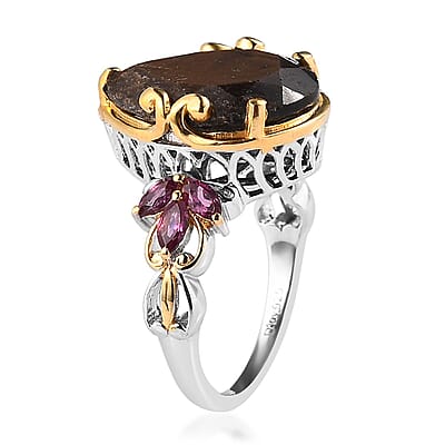 Chocolate Sapphire and Orissa Rhodolite Garnet Ring in Vermeil YG and Platinum Over Sterling Silver (Size 10.0) 11.00 ctw