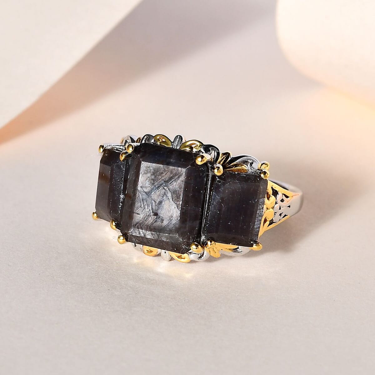 Silver Sapphire 3 Stone Ring in Vermeil YG and Platinum Over Sterling Silver 11.00 ctw image number 1