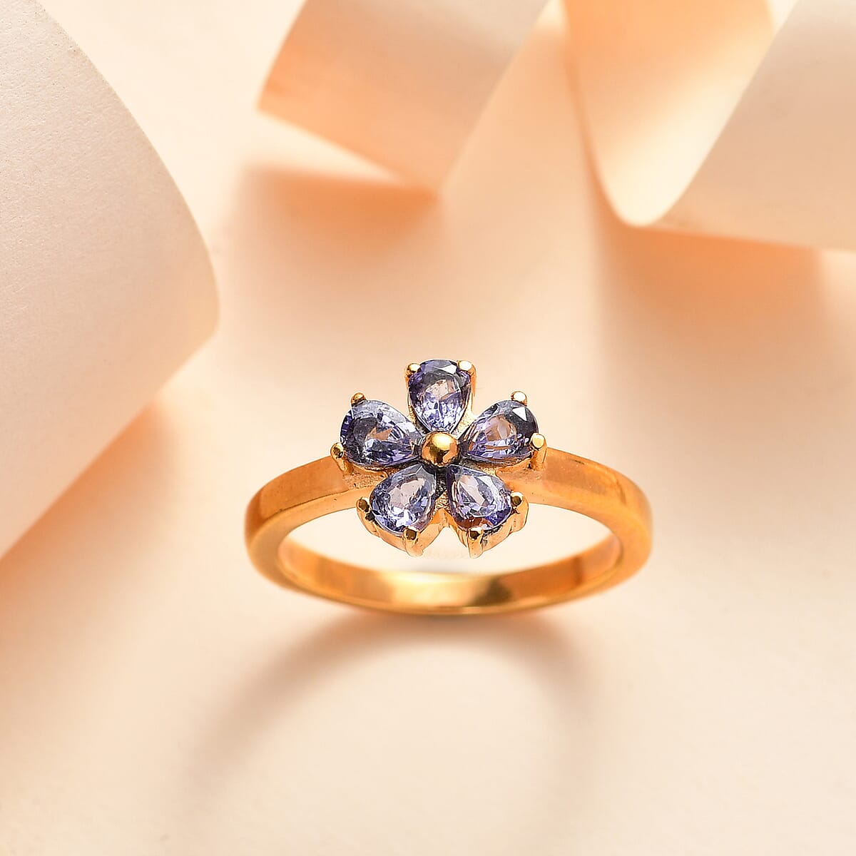 Tanzanite Floral Ring in ION Plated YG Stainless Steel 0.75 ctw image number 1