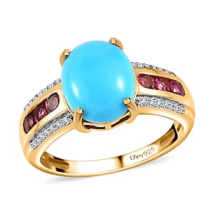 Premium Sleeping Beauty Turquoise Ring, Multi Gemstone Accent Ring, Vermeil Yellow Gold Over Sterling Silver Ring, Turquoise Jewelry For Her 3.50 ctw