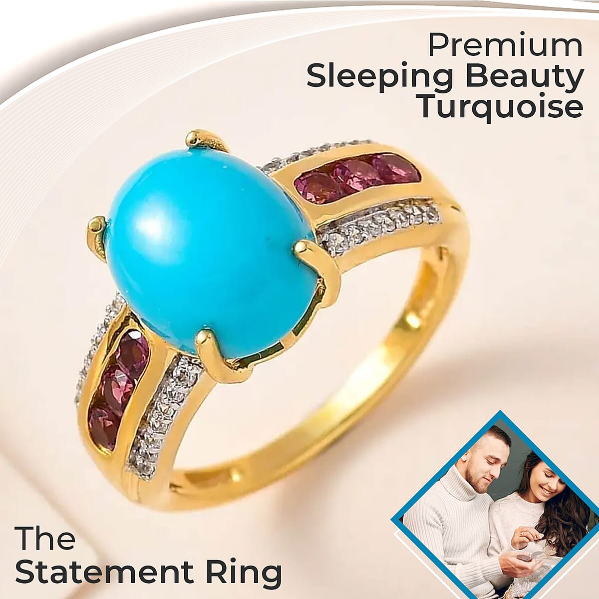 Premium Sleeping Beauty Turquoise Ring, Multi Gemstone Accent Ring, Vermeil Yellow Gold Over Sterling Silver Ring, Turquoise Jewelry For Her 3.50 ctw image number 1