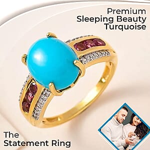 Premium Sleeping Beauty Turquoise Ring, Multi Gemstone Accent Ring, Vermeil Yellow Gold Over Sterling Silver Ring, Turquoise Jewelry For Her 3.50 ctw