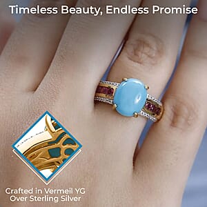 Premium Sleeping Beauty Turquoise Ring, Multi Gemstone Accent Ring, Vermeil Yellow Gold Over Sterling Silver Ring, Turquoise Jewelry For Her 3.50 ctw