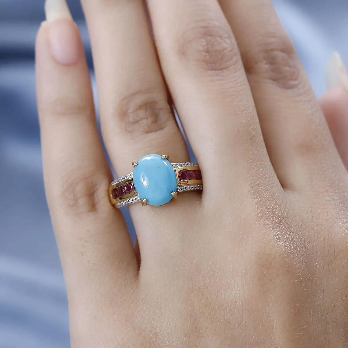 Premium Sleeping Beauty Turquoise Ring, Multi Gemstone Accent Ring, Vermeil Yellow Gold Over Sterling Silver Ring, Turquoise Jewelry For Her 3.50 ctw image number 5