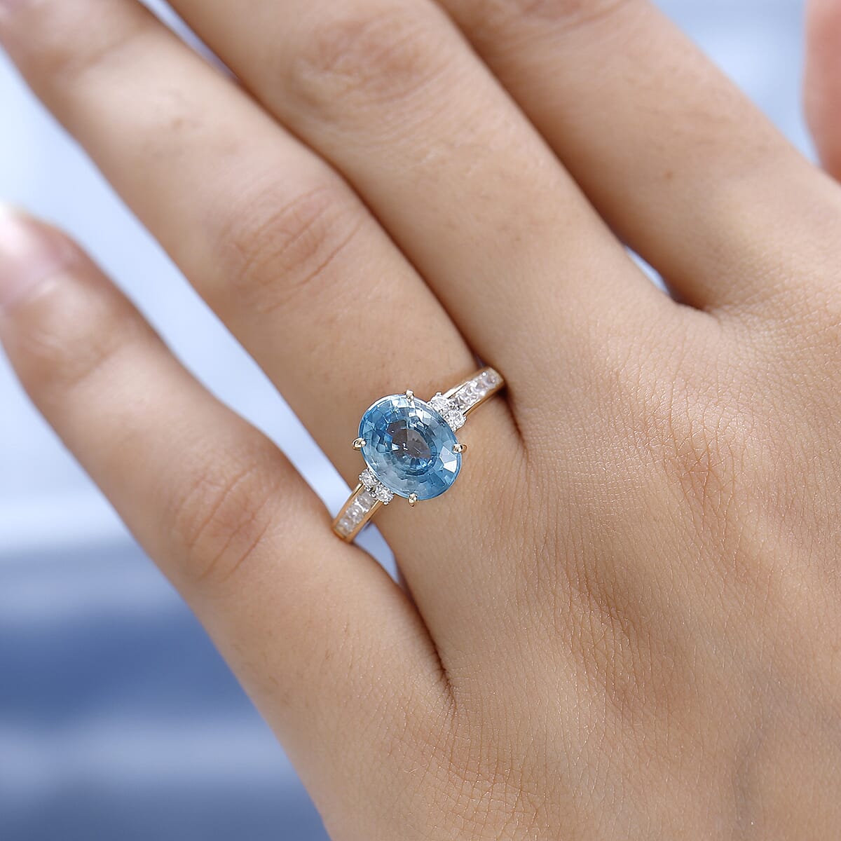 Luxoro 10K Yellow Gold Premium Cambodian Blue Zircon and Moissanite Ring 4.70 ctw image number 2