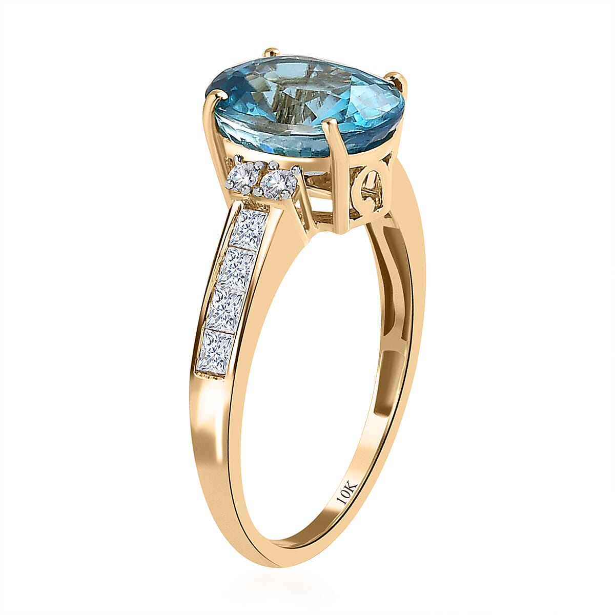 Luxoro 10K Yellow Gold Premium Cambodian Blue Zircon and Moissanite Ring 4.70 ctw image number 3