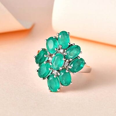 Emeraldine Quartz and White Zircon 5.37 ctw Cluster Ring in Platinum Over Sterling Silver (Size 11.5)