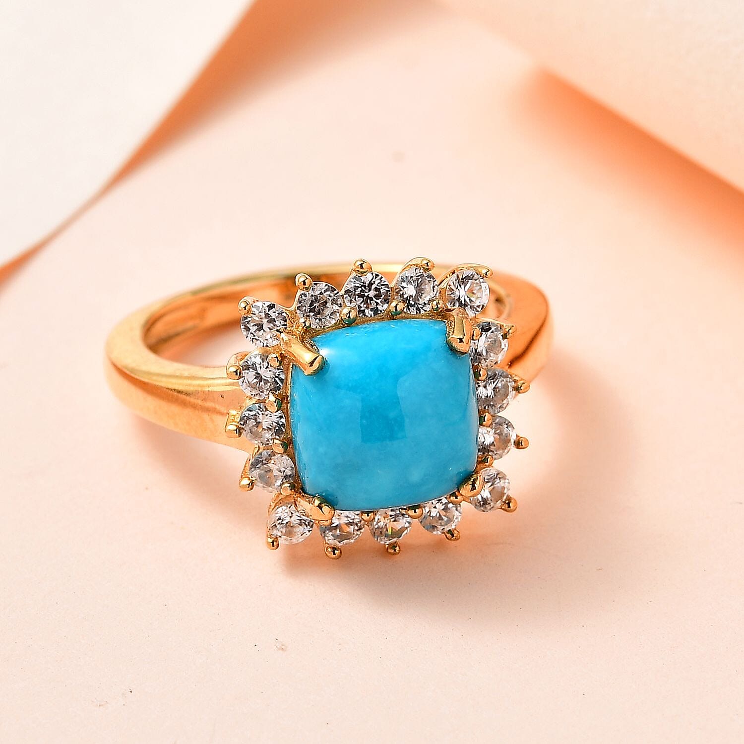 Sleeping Beauty Turquoise and White Zircon 2.70 ctw Ring in 14K YG Over Sterling Silver (Size 11.5)