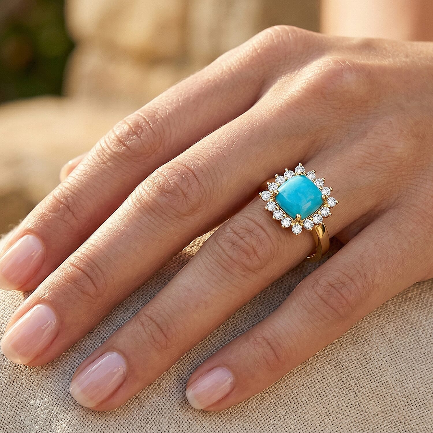 Sleeping Beauty Turquoise and White Zircon 2.70 ctw Ring in 14K YG Over Sterling Silver (Size 11.5)
