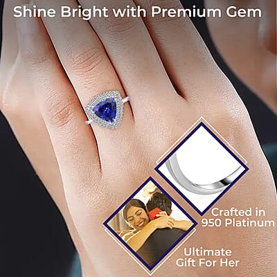 Rhapsody Certified & Appraised AAAA Tanzanite and E-F VS Diamond 4.00 ctw Accent Ring, Tanzanite Double Halo Ring, 950 Platinum Ring, Wedding Ring 7.40 Grams (Size 10.0)