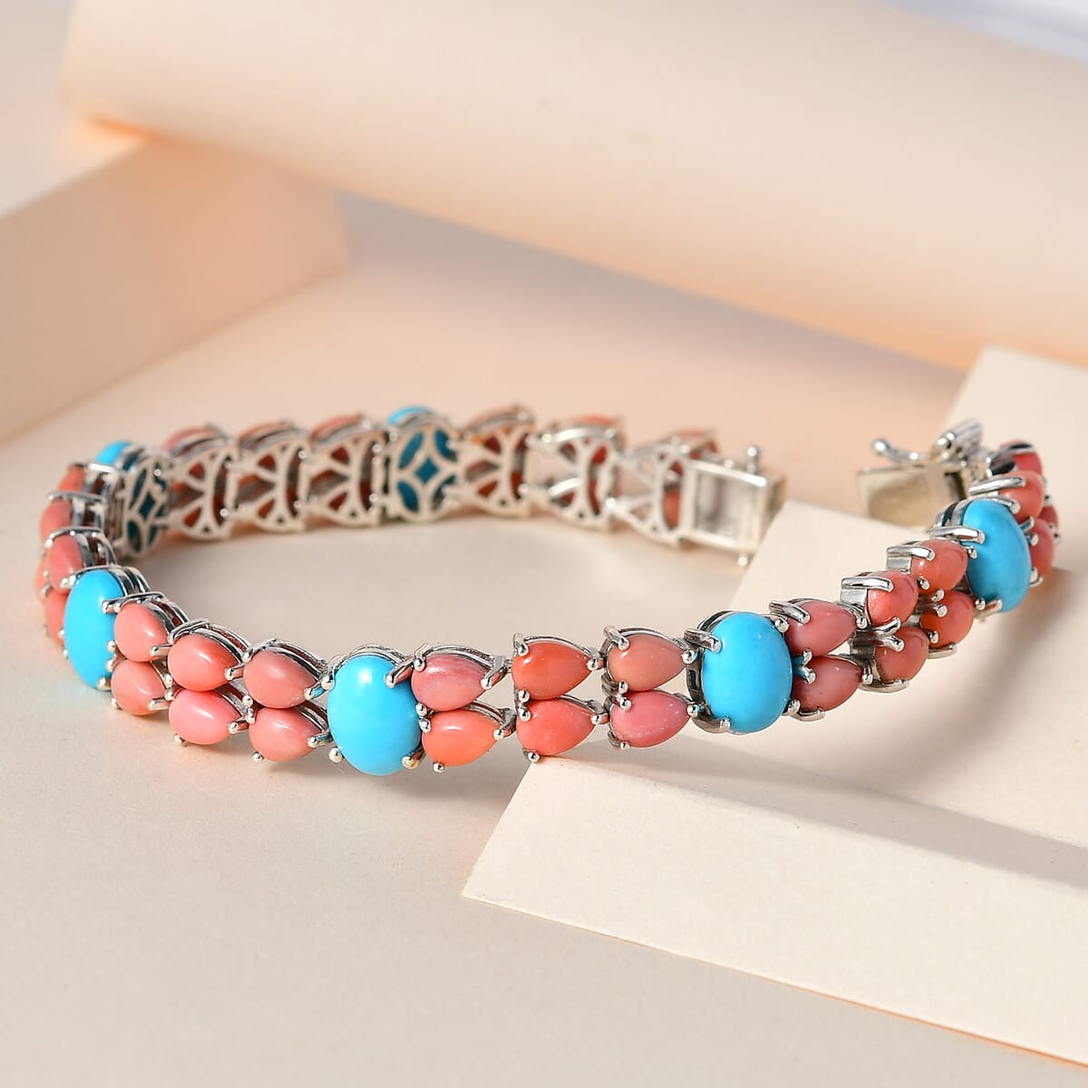 Sleeping Beauty Turquoise and Oregon Peach Opal Bracelet in Platinum Over Sterling Silver (6.50 In) 19.10 ctw image number 1