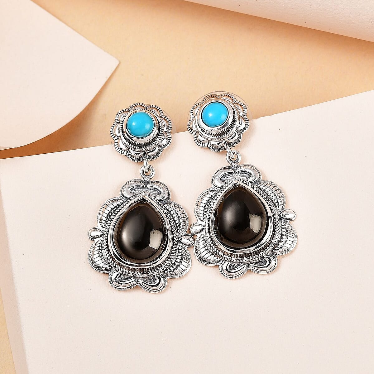 Artisan Crafted Elite Shungite and Sleeping Beauty Turquoise Dangle Earrings in Sterling Silver 6.35 ctw image number 1