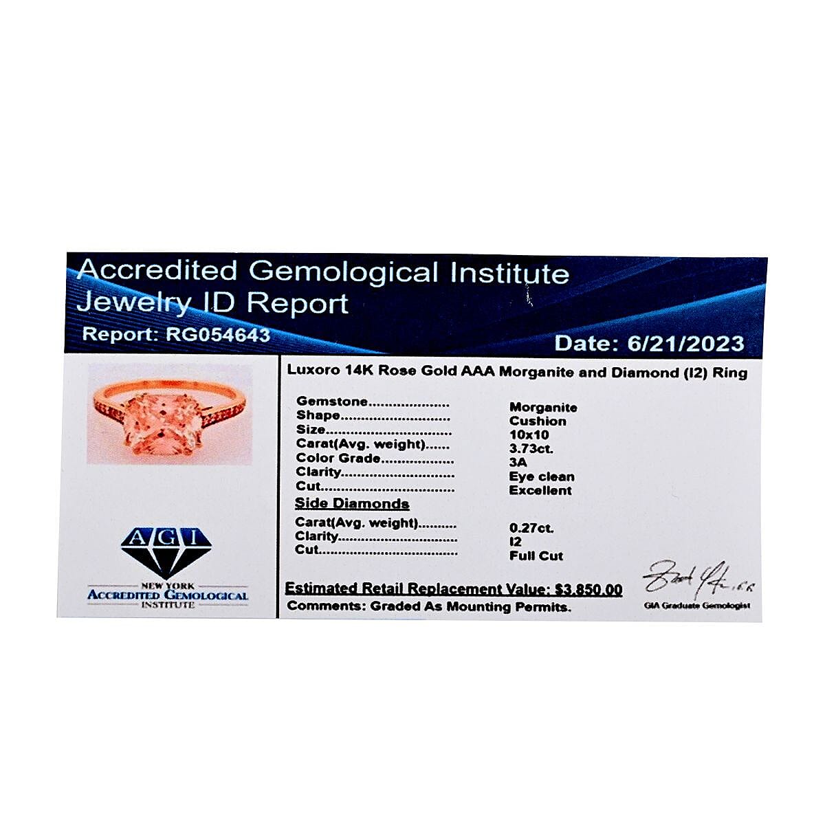 Certified and Appraised Luxoro AAA Marropino Morganite and G-H I2 Diamond 4.00 ctw Ring in 14K Rose Gold (Size 9.0) image number 6