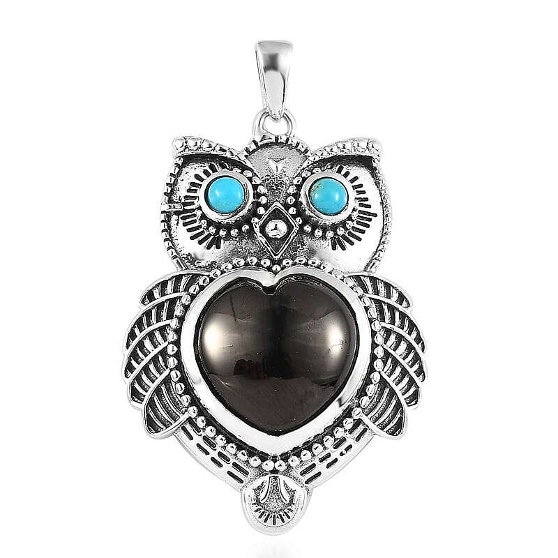 Artisan Crafted Elite Shungite and Sleeping Beauty Turquoise Owl Pendant in Sterling Silver 5.75 ctw