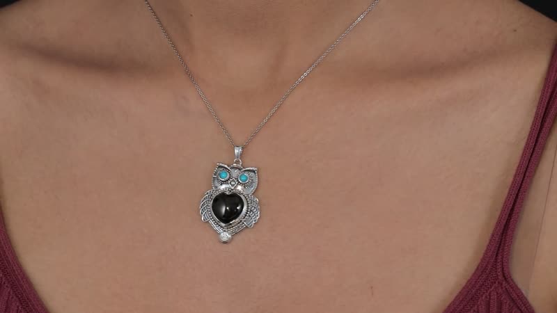 Artisan Crafted Elite Shungite and Sleeping Beauty Turquoise Owl Pendant in Sterling Silver 5.75 ctw