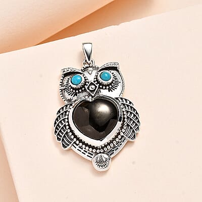 Artisan Crafted Elite Shungite and Sleeping Beauty Turquoise Owl Pendant in Sterling Silver 5.75 ctw