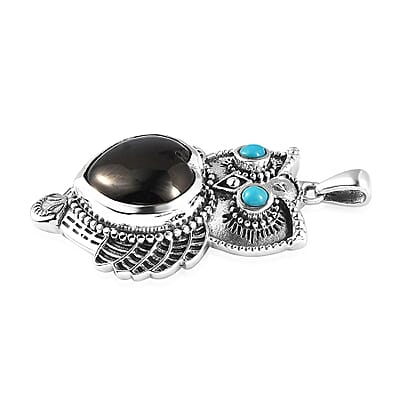 Artisan Crafted Elite Shungite and Sleeping Beauty Turquoise Owl Pendant in Sterling Silver 5.75 ctw