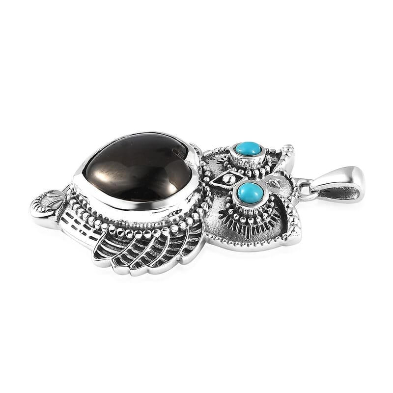 Artisan Crafted Elite Shungite and Sleeping Beauty Turquoise Owl Pendant in Sterling Silver 5.75 ctw