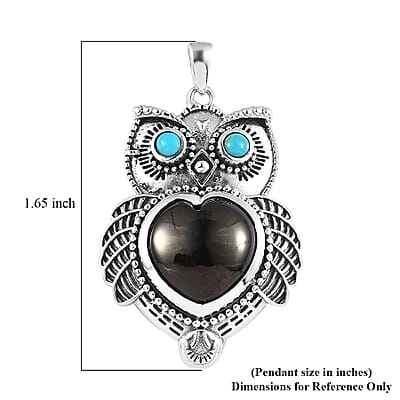 Artisan Crafted Elite Shungite and Sleeping Beauty Turquoise Owl Pendant in Sterling Silver 5.75 ctw