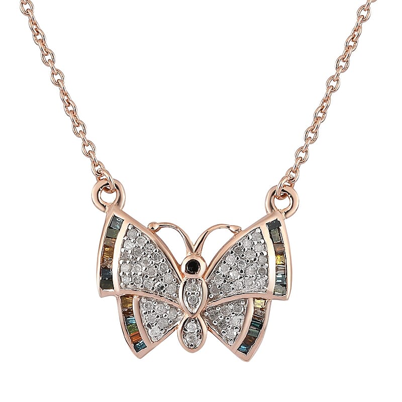 GP Italian Garden Collection Multi Diamond Butterfly Necklace 20 Inches in Vermeil Rose Gold Over Sterling Silver 0.50 ctw