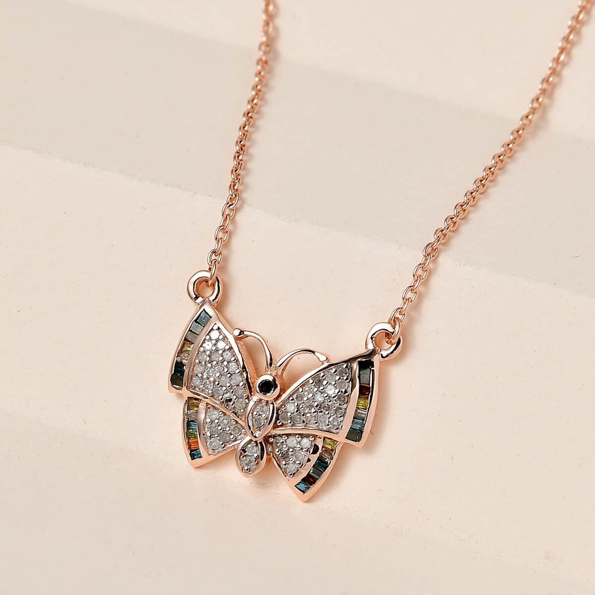 GP Italian Garden Collection Multi Diamond Butterfly Necklace 20 Inches in Vermeil Rose Gold Over Sterling Silver 0.50 ctw image number 1