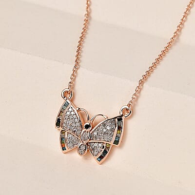 GP Italian Garden Collection Multi Diamond Butterfly Necklace 20 Inches in Vermeil Rose Gold Over Sterling Silver 0.50 ctw